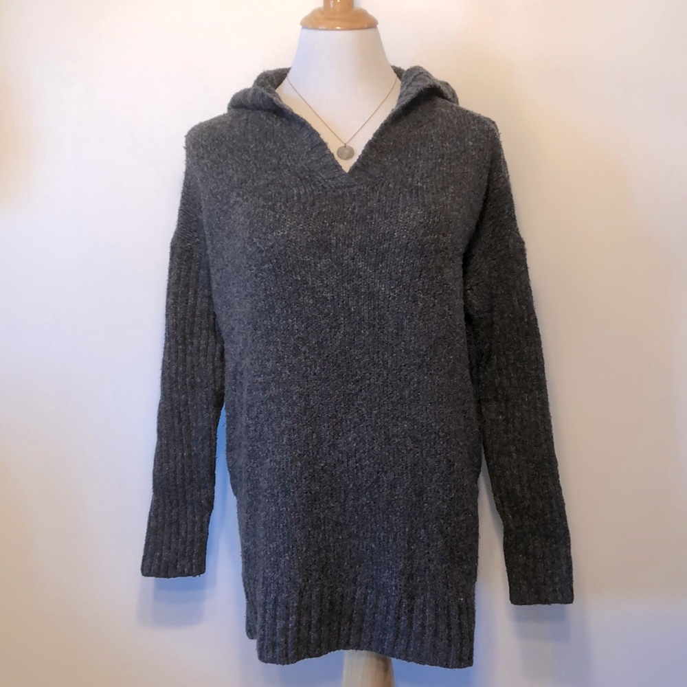 EDDIE BAUER-Gray Melange Hooded Cotton Blend V-Neck Cozy Tunic Sweater-Small